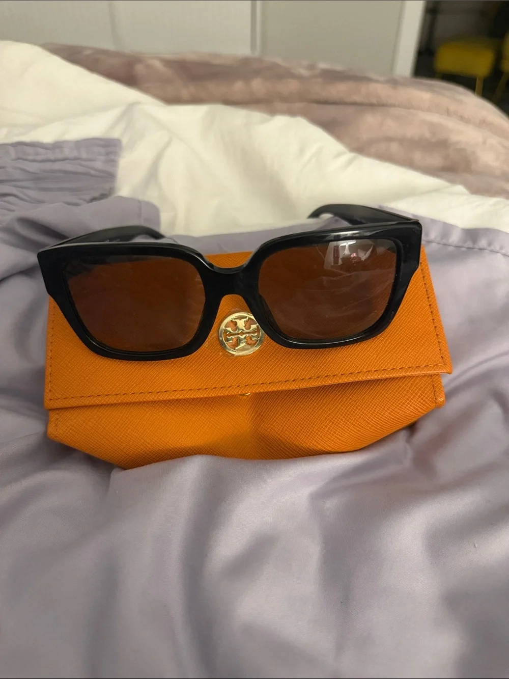 Tory Burch Black Miller Rectangular Sunglasses with Gold Logo. Case included